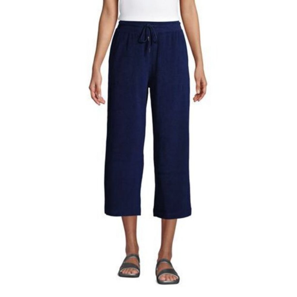 NWT LANDS' END WOMEN'S TERRY MID RISE WIDE LEG CROP PANTS DEEP SEA NAVY SMALL